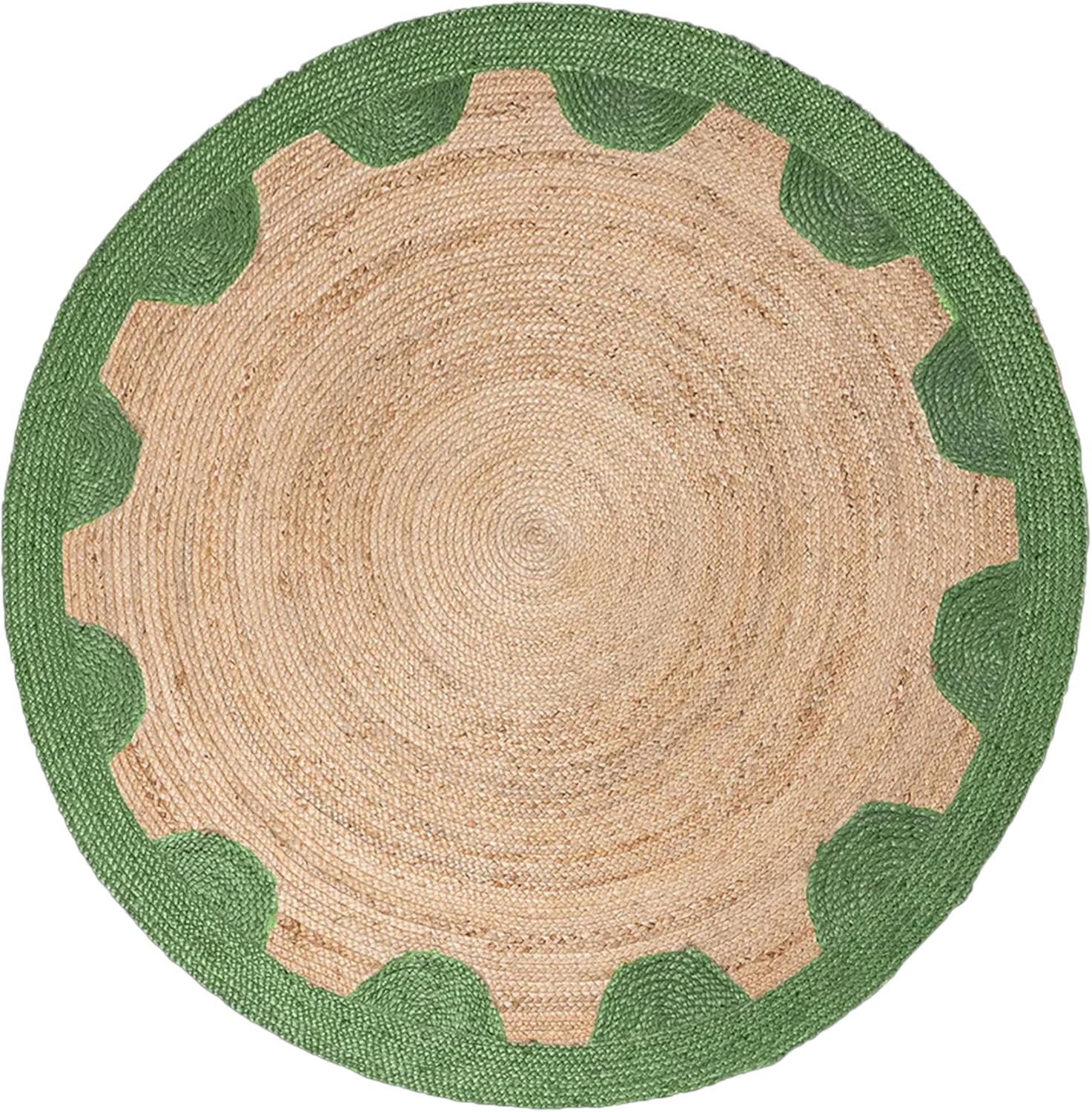 Natural Jute Area Rug with green scalloped edges, round shape, suitable for indoor or outdoor use.