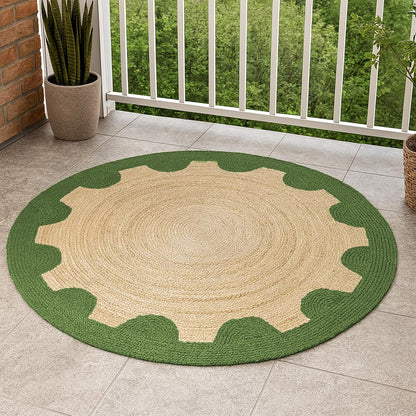 Natural Jute Area Rug with green scalloped edges, suitable for indoor or outdoor use