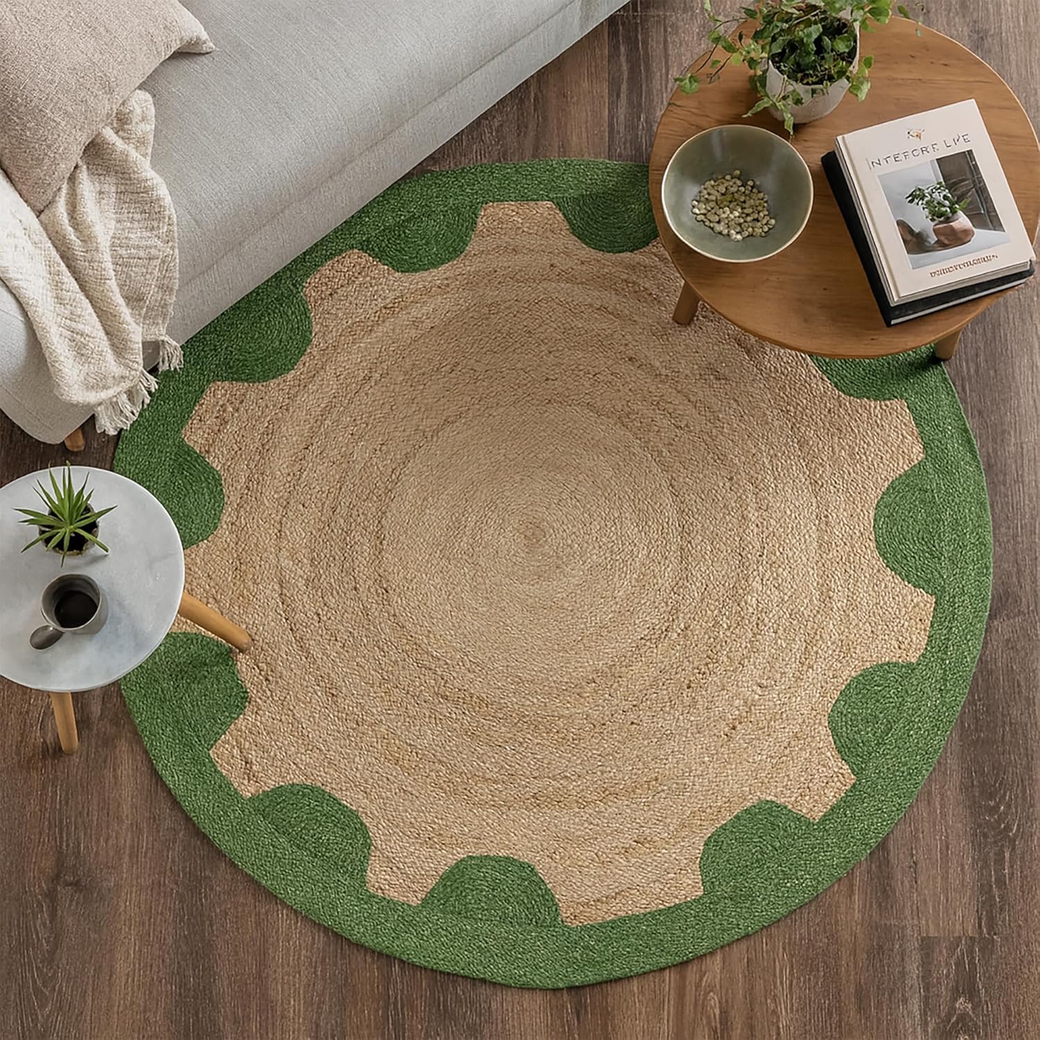 Natural Jute Area Rug with a scalloped green edge, perfect for living room or entryway decor.