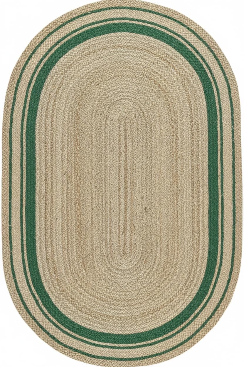 Oval braided rug with green border on a white background