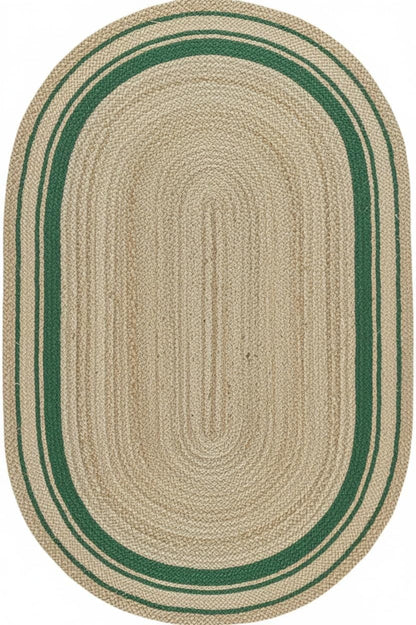 Oval braided rug with green border on a white background