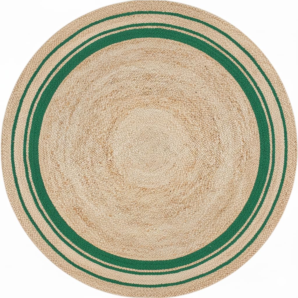 Round beige rug with green border on a white background