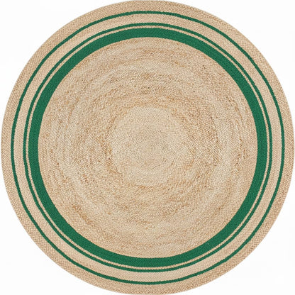 Round beige rug with green border on a white background