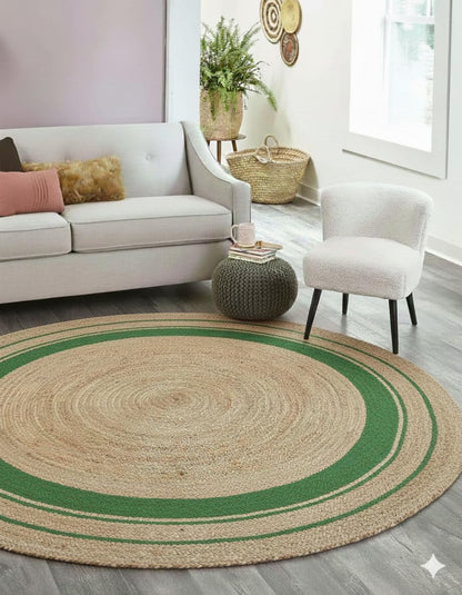 Round jute rug with green border in a living room setting
