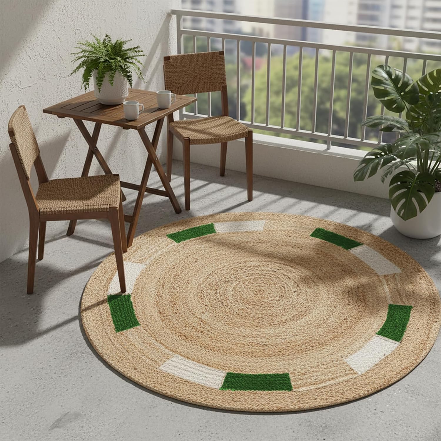 Round jute rug with green and white accents, perfect for balcony or patio decor.