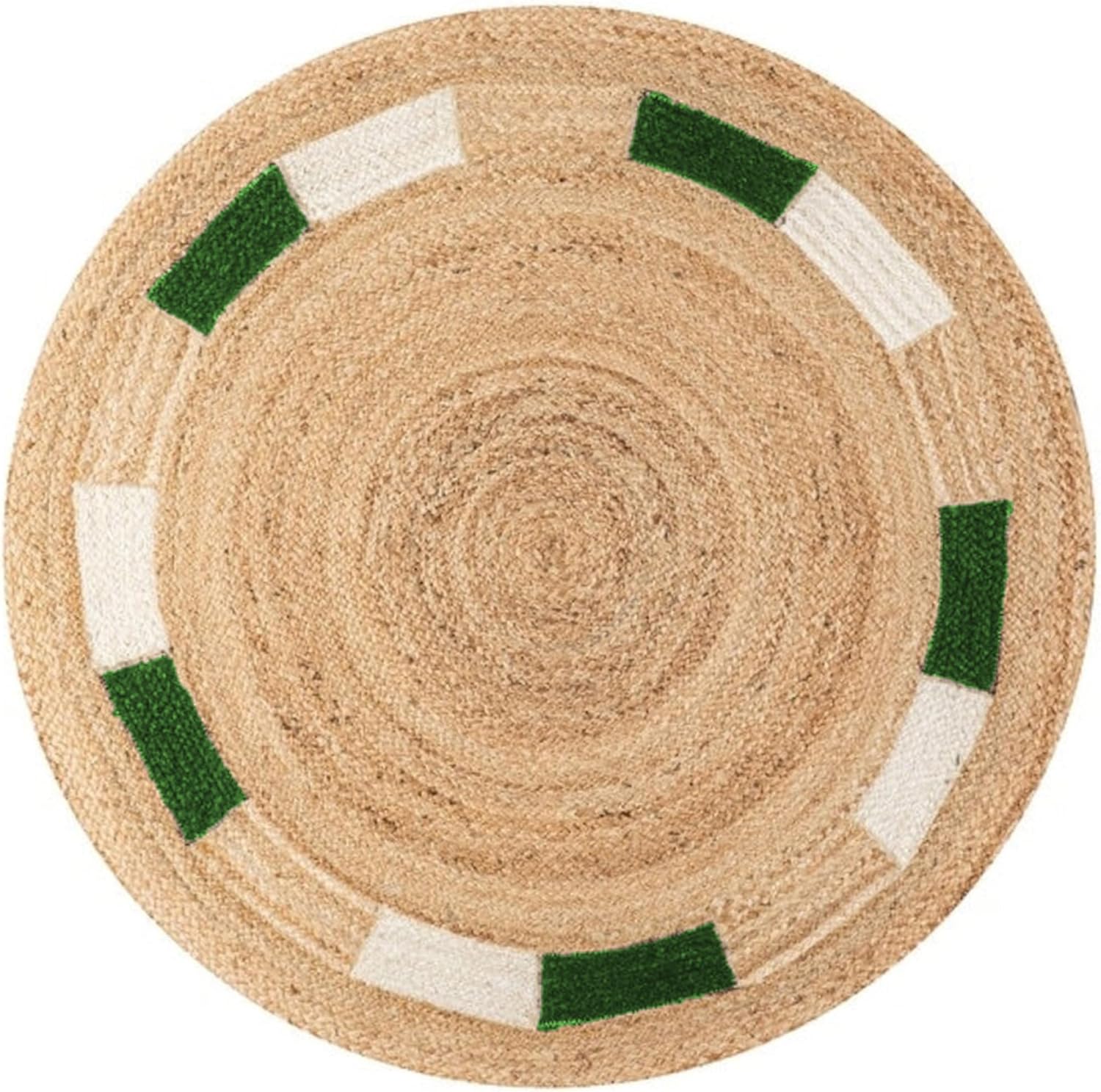 Round jute rug with green and white accents, eco-friendly, ideal for stylish home decor.