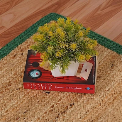 Natural Jute Area Rug round woven jute with green border, with books and plant on top