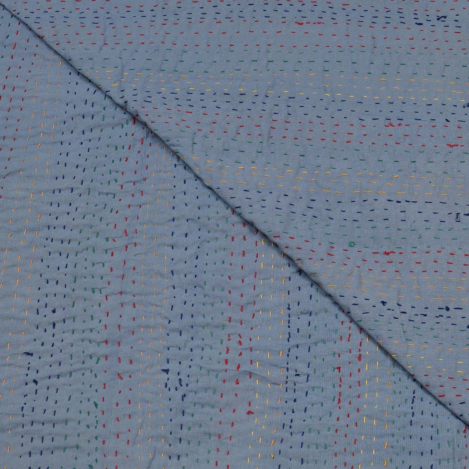 Close-up of a textured blue fabric with multicolored specks