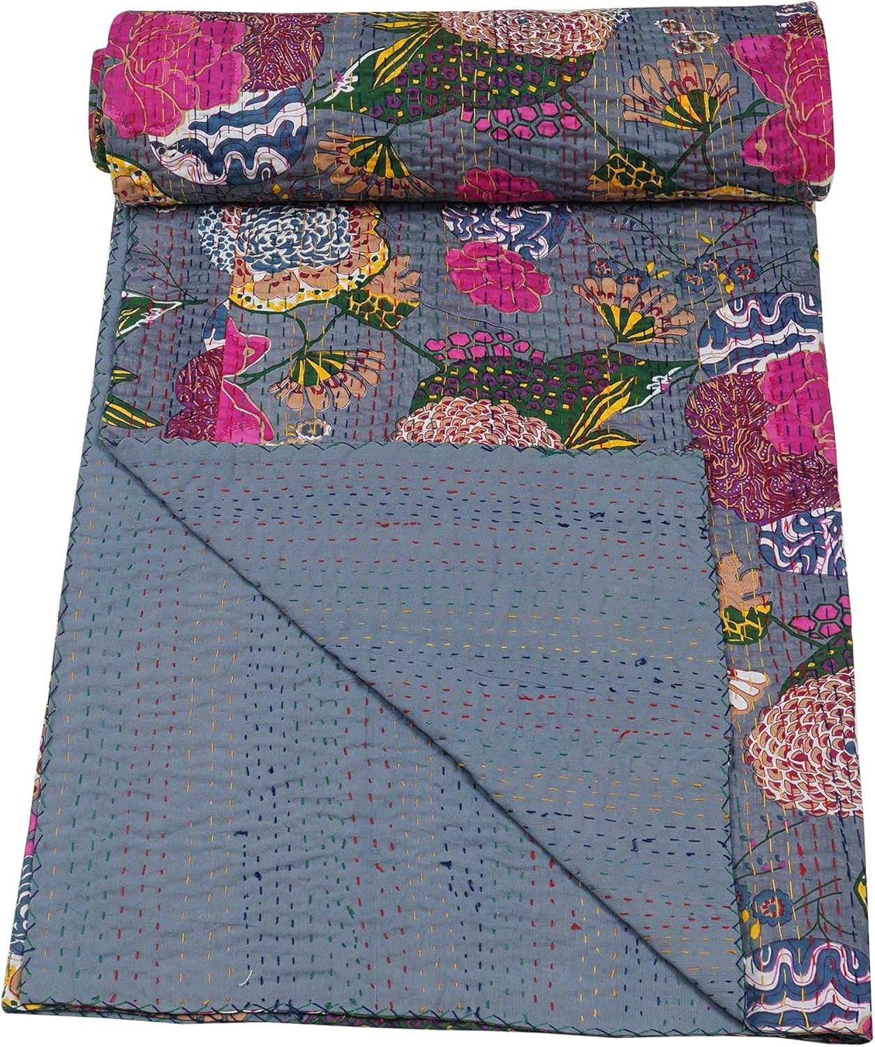 Colorful floral-patterned quilt with a folded edge on a white background