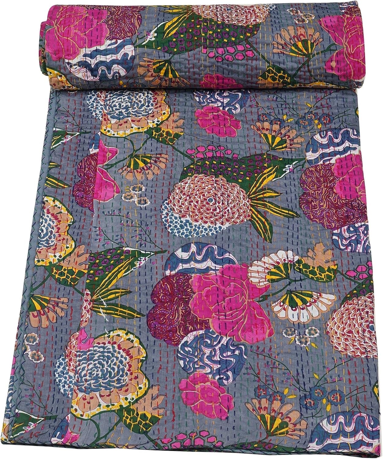 grey kantha quilt cotton bedspread with floral pattern handmade design