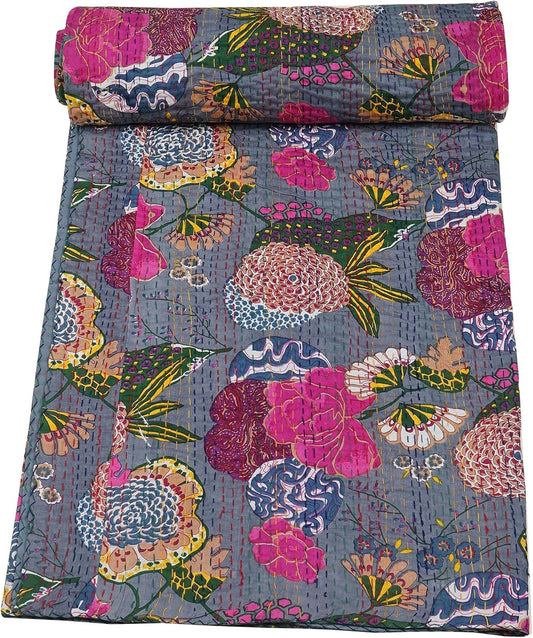 grey kantha quilt cotton bedspread with floral pattern handmade design
