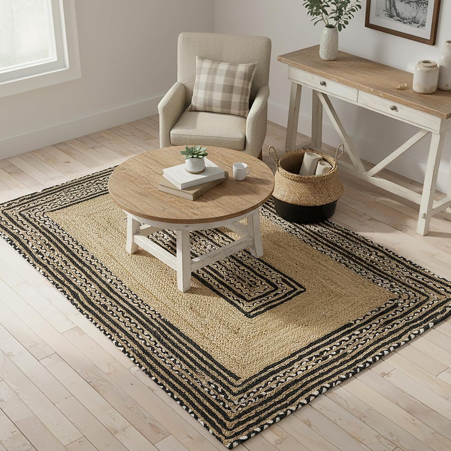 Natural Jute Area Rug with a textured weave, enhancing the cozy feel of a living room — perfect as a floor carpet.