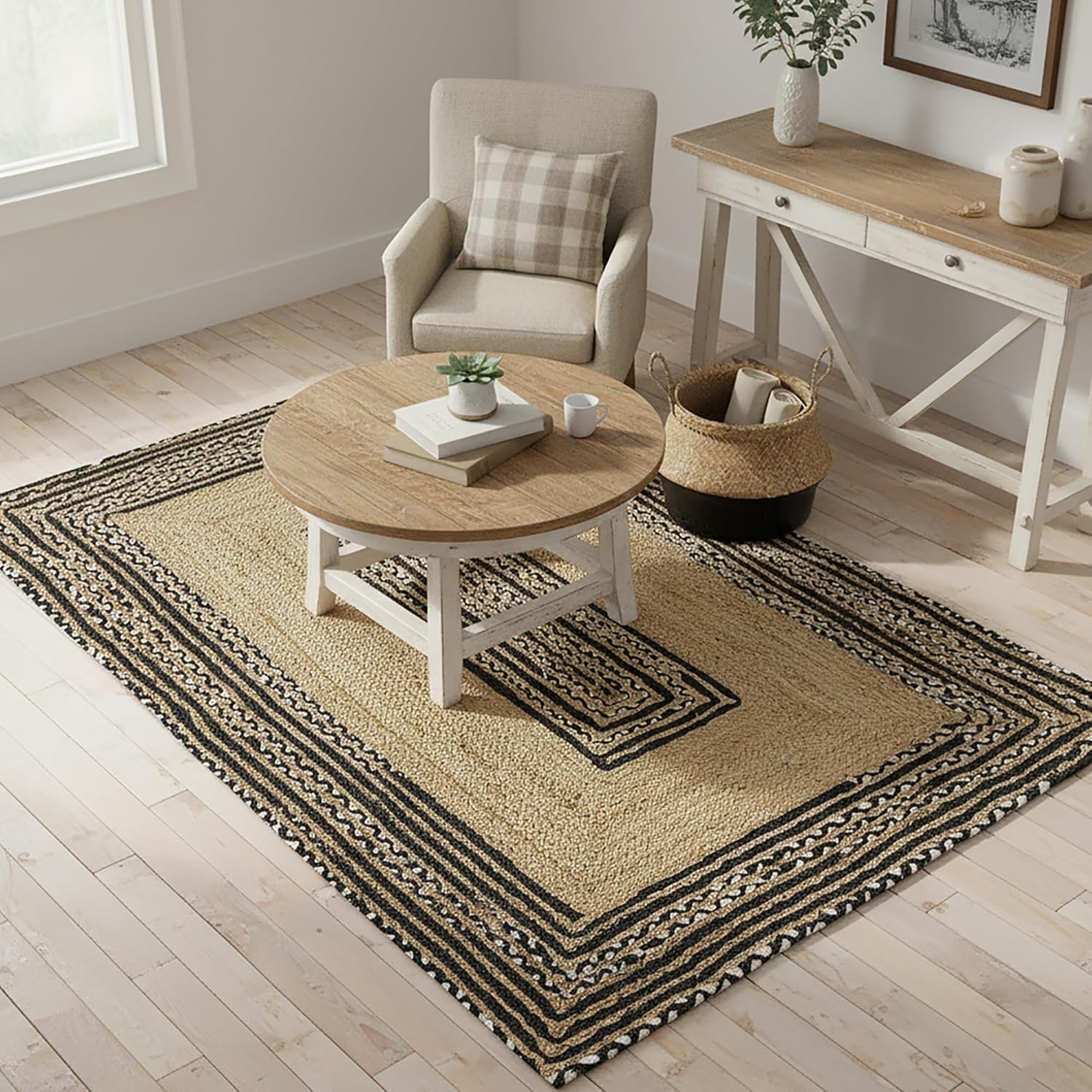 Natural Jute Area Rug with a textured weave, enhancing the cozy feel of a living room — perfect as a floor carpet.