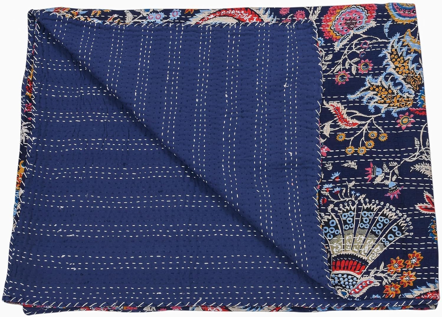 Blue quilt with floral patterns on a white background