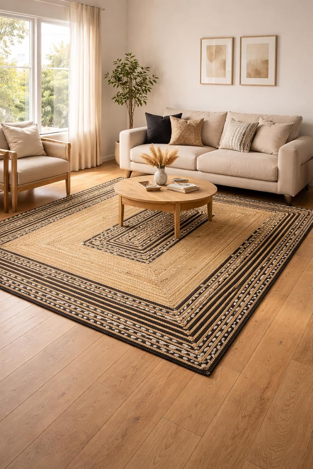 Natural Jute Area Rug with intricate black border design, enhancing a cozy living room setting with natural light.