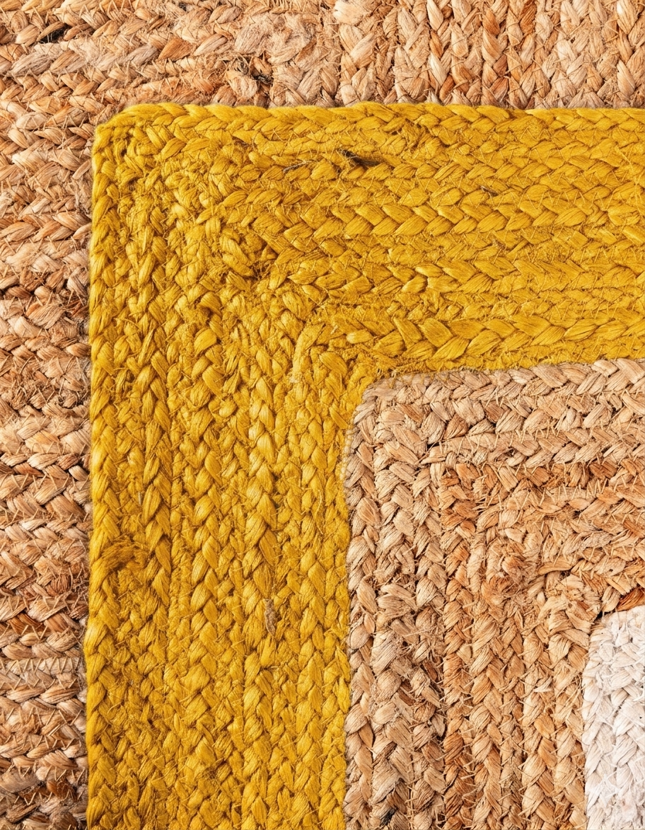Natural Jute Area Rug yellow jute floor carpet woven texture with braided border edge close up