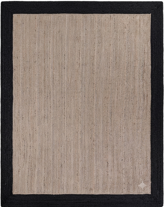 Beige rug with a black border
