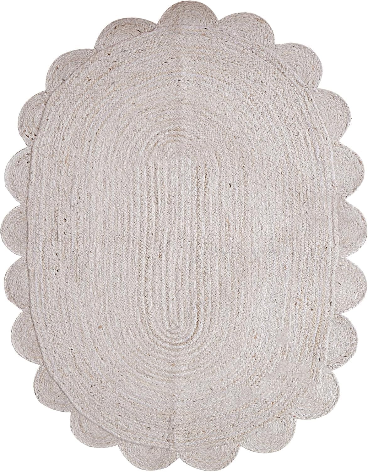 Round braided rug with scalloped edge on a white background