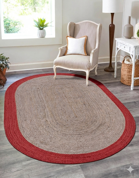 Oval-shaped braided rug with red border in a room with a chair and decor.