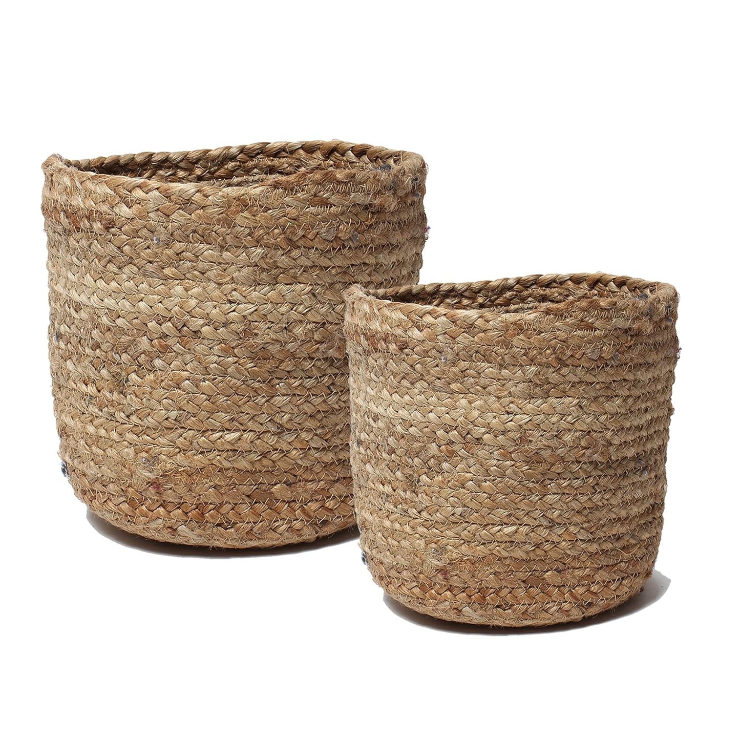 Handmade set of 2 natural jute storage baskets in different sizes, perfect for home organization, laundry, plant holders, and rustic decor.