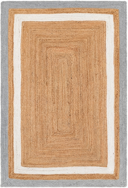 Rectangular braided rug with beige center and border on a gray background