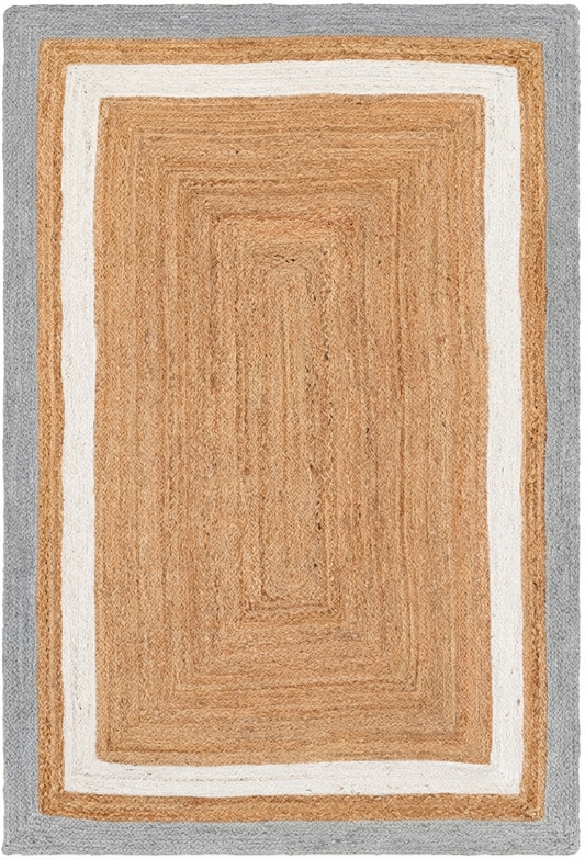 Rectangular braided rug with beige center and border on a gray background