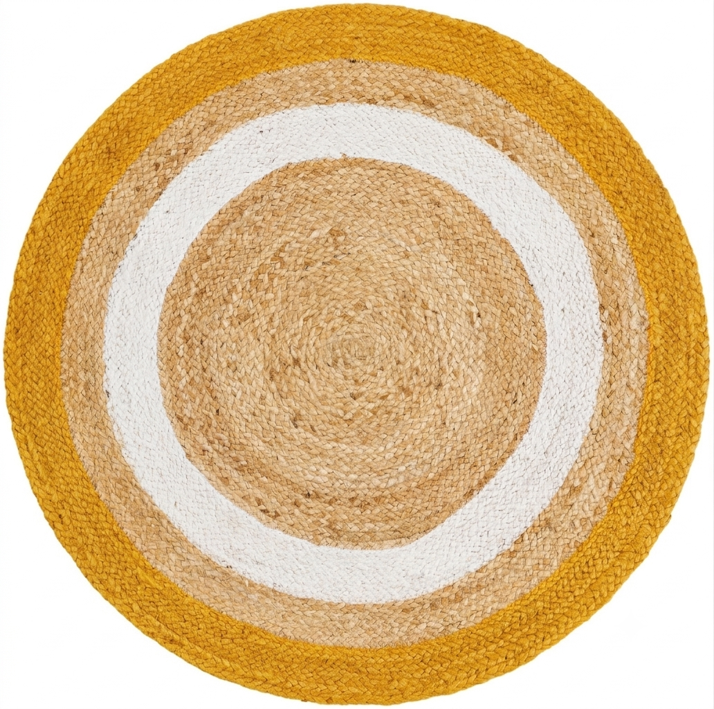 Natural Jute Area Rug Round Rug with mustard gold and white concentric circles on natural jute