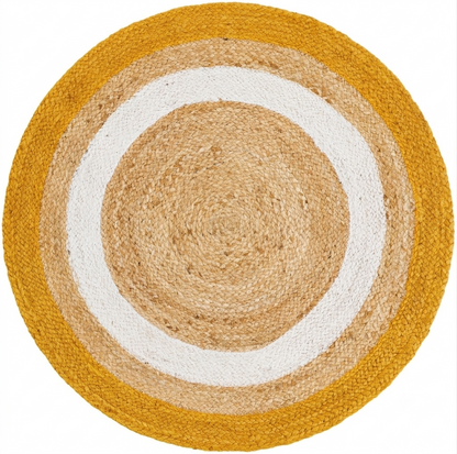 Natural Jute Area Rug Round Rug with mustard gold and white concentric circles on natural jute