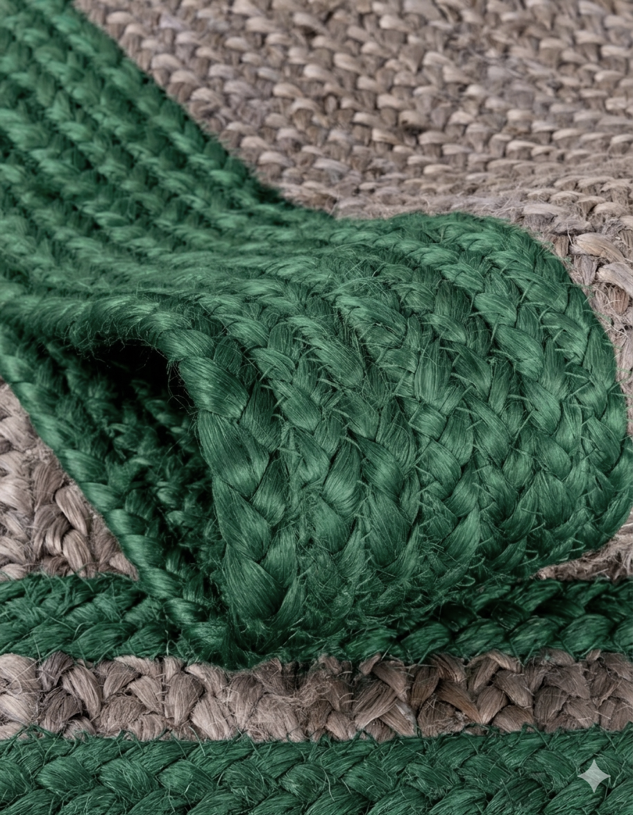 Close-up of a green braided rope on a textured brown surface