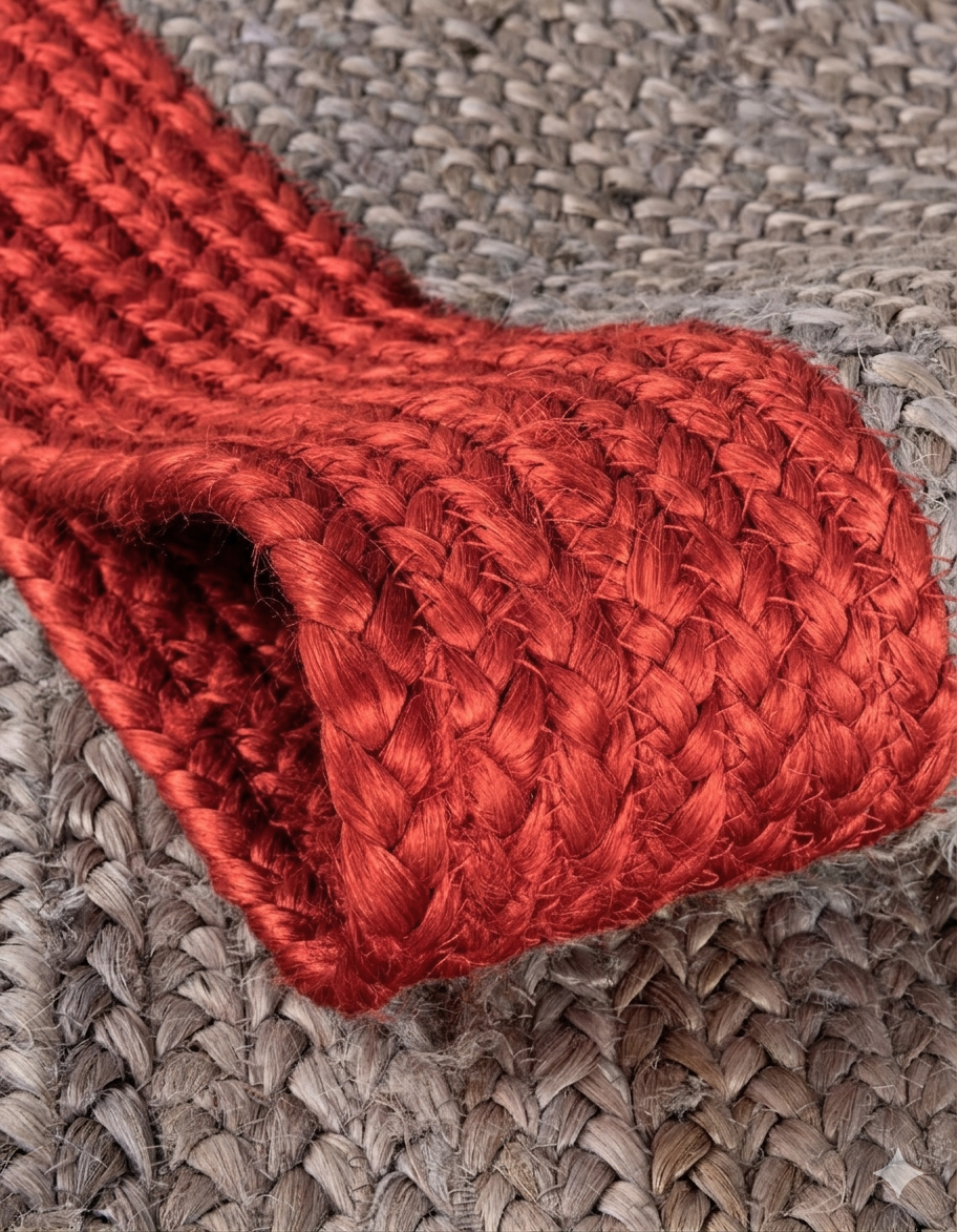 Close-up of a red woven mat on a textured surface