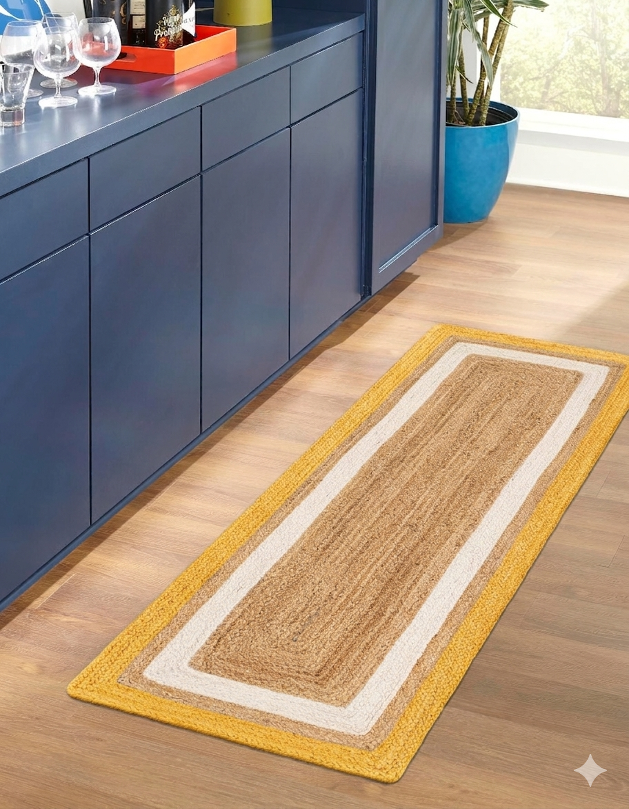Natural Jute Area Rug Bed Side Runner with yellow border and tan jute stripes on wooden floor