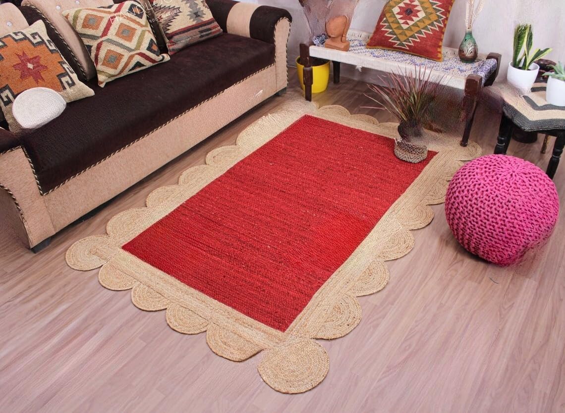 Red Scalloped Jute Area Rug | Handmade Natural Fiber Rug