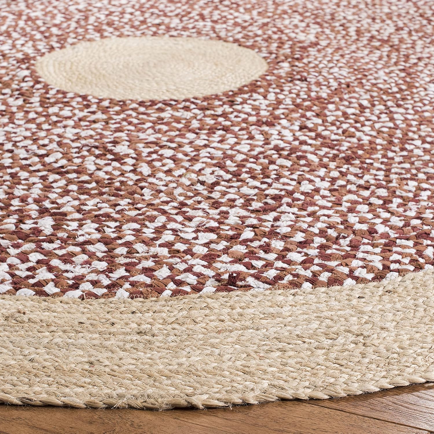 Natural Jute Area Rug with a textured brown and cream pattern — ideal as a living room floor carpet or decorative entryway mat.