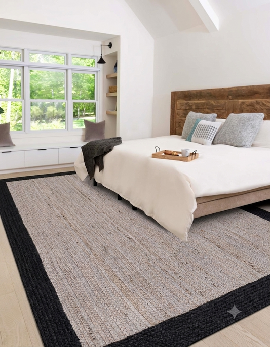 Bedroom with a large bed, wooden headboard, and rug.