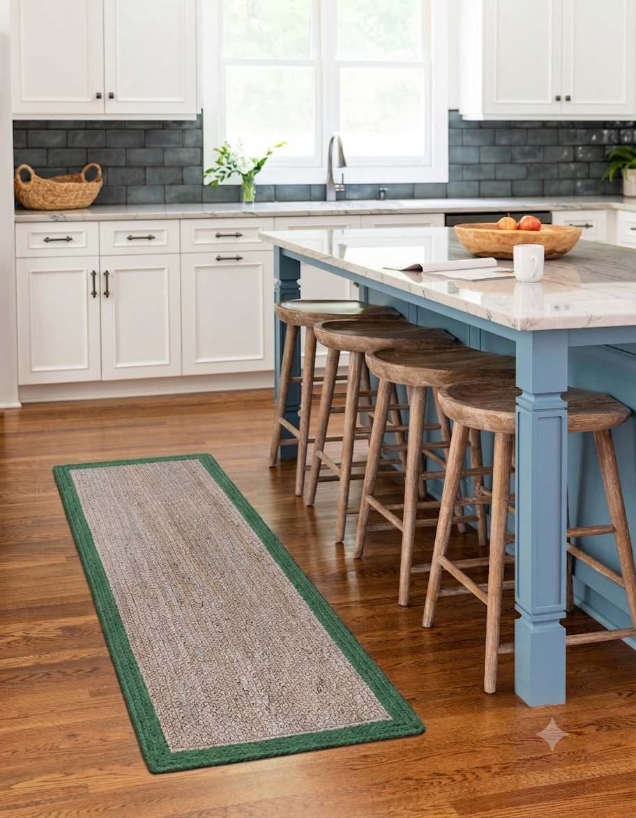 Kitchen with a long green and beige runner rug on wooden flooring.