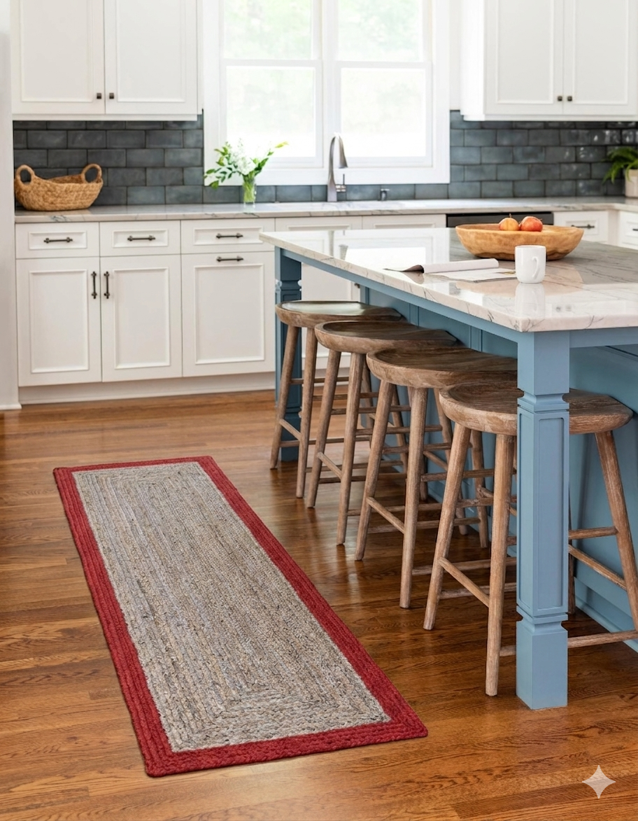 Kitchen with a long red and gray rug on the wooden floor, bar stools, and white cabinets.