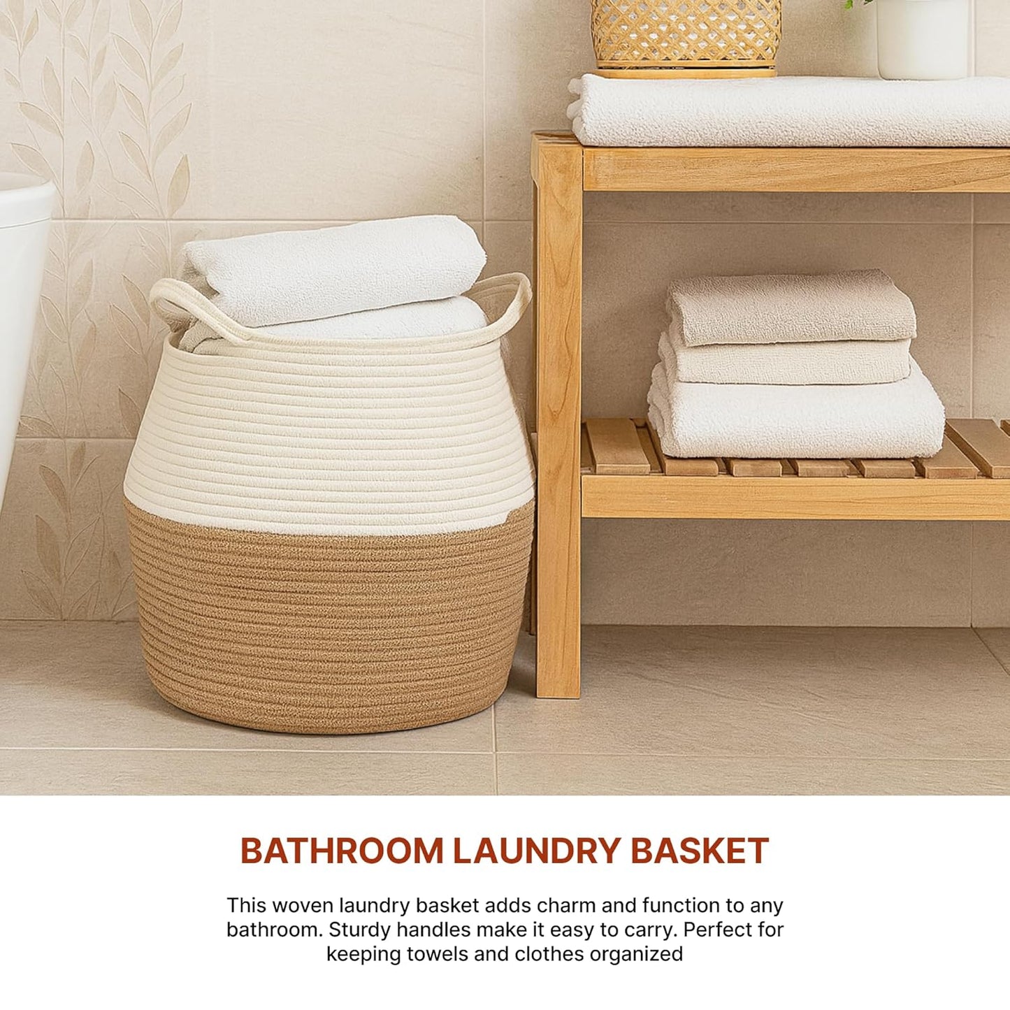 Large woven rope laundry basket made from natural jute, perfect for storing clothes, toys, towels, blankets, and nursery essentials.