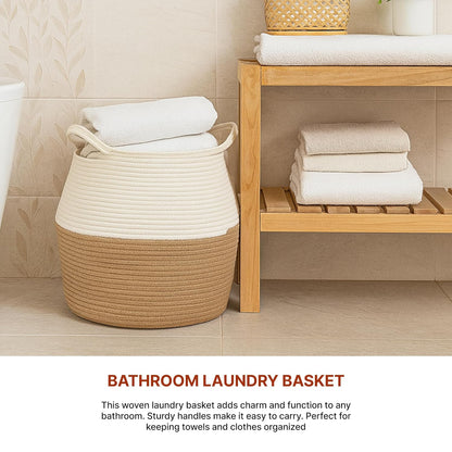 Large woven rope laundry basket made from natural jute, perfect for storing clothes, toys, towels, blankets, and nursery essentials.