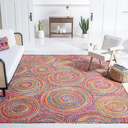 Natural Jute Area Rug with vibrant circular patterns, adding a colorful touch to any living space or entryway.