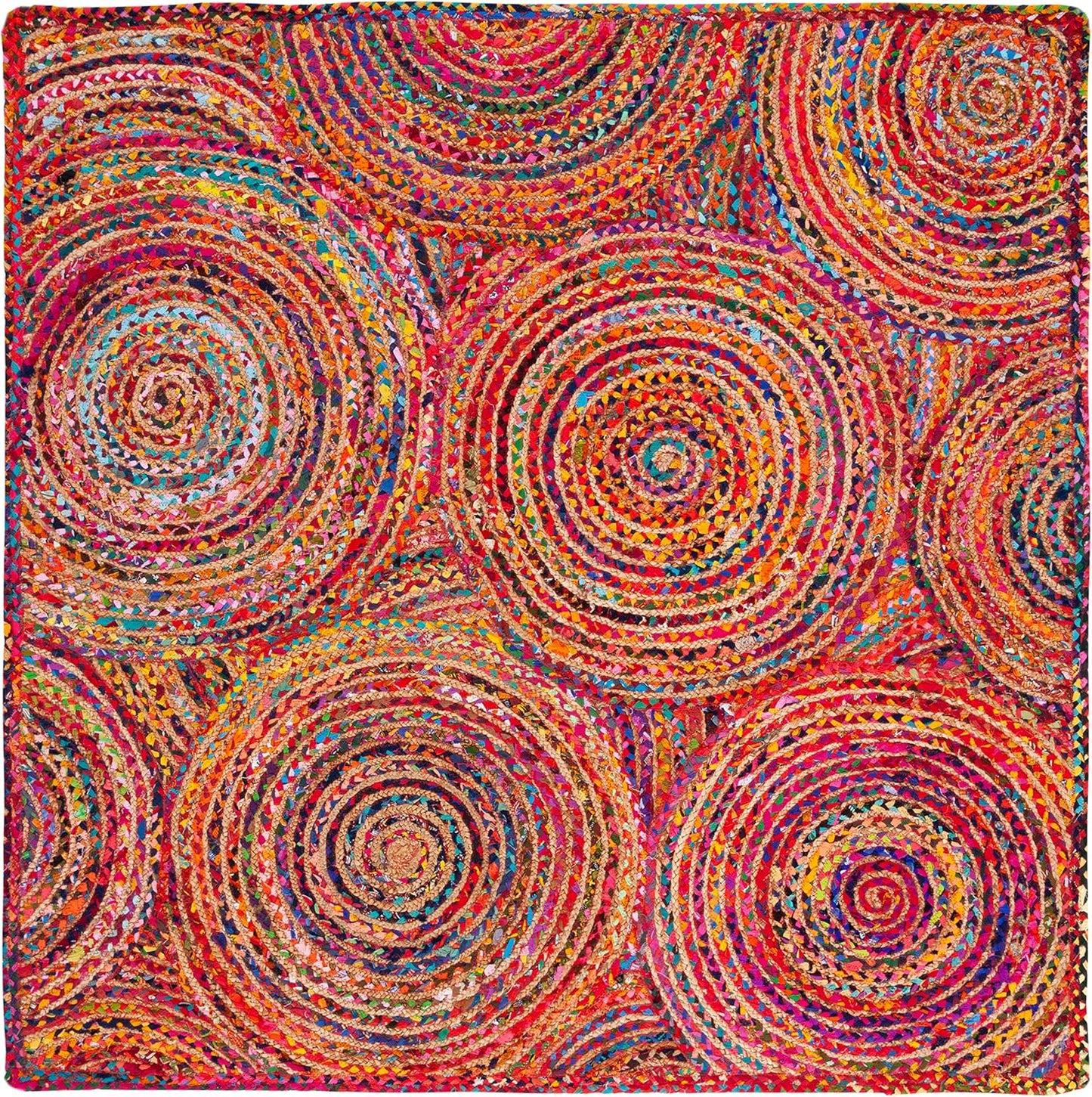 Vibrant Natural Jute Area Rug featuring colorful circular patterns — perfect for adding texture to any living space.