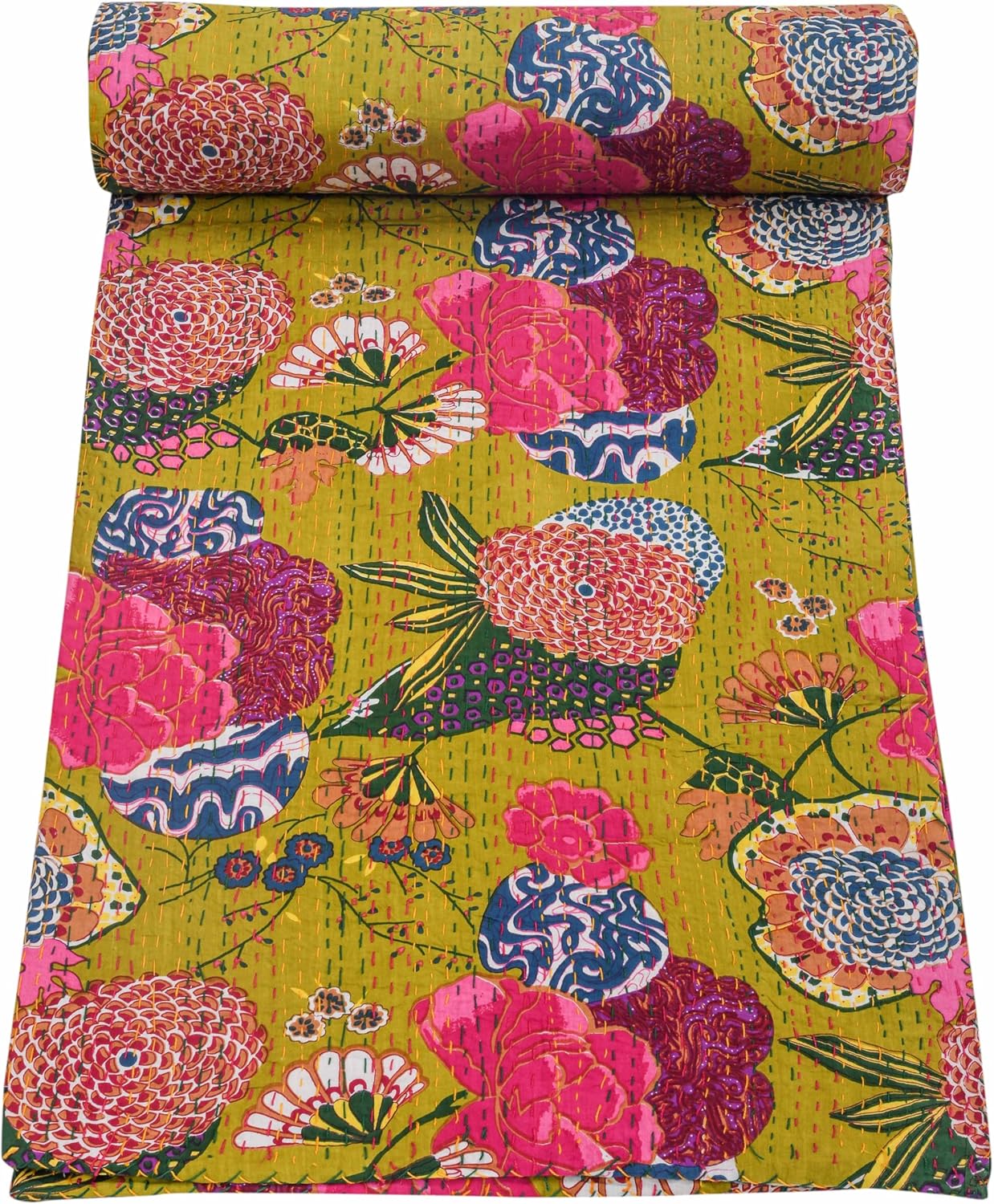 Roll-up floral patterned fabric with vibrant colors on a yellow background