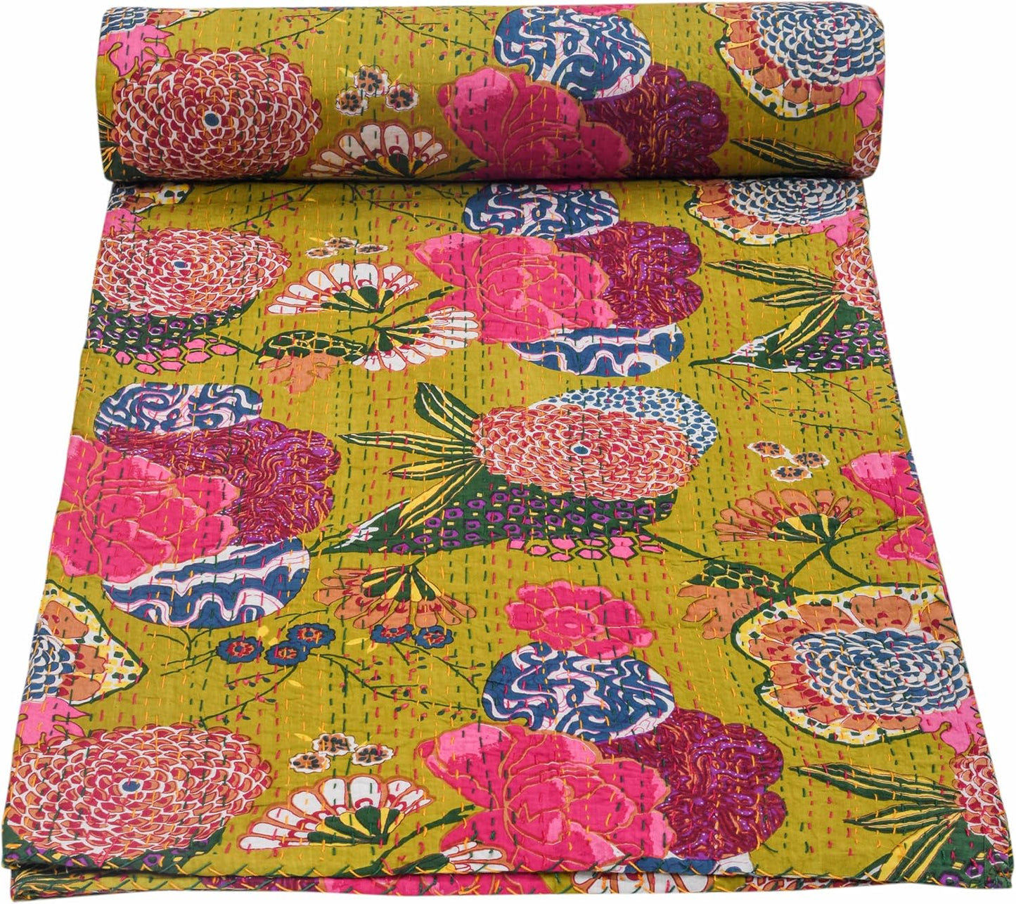 mehndi green kantha quilt cotton bedspread with floral pattern handmade
