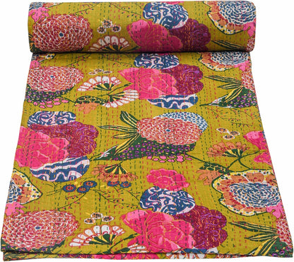 mehndi green kantha quilt cotton bedspread with floral pattern handmade
