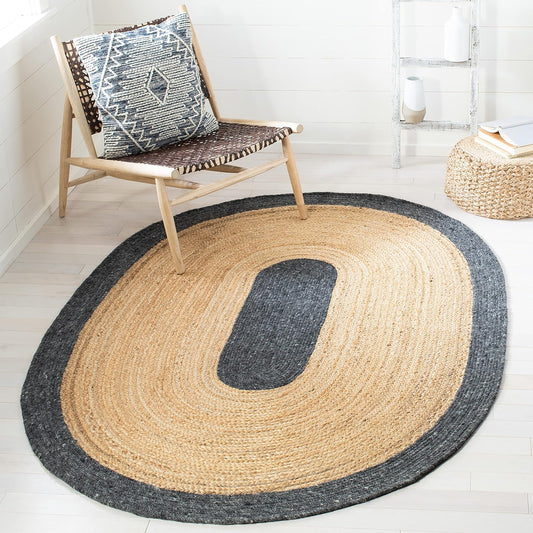 Oval woven jute rug in natural beige and dark gray, enhancing modern home decor with a rustic touch.