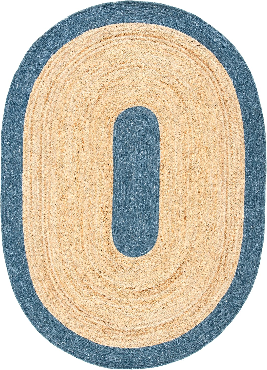 Handcrafted oval jute rug with blue border, eco-friendly and durable, perfect for home decor.