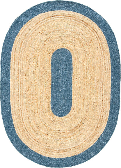 Handcrafted oval jute rug with blue border, eco-friendly and durable, perfect for home decor.