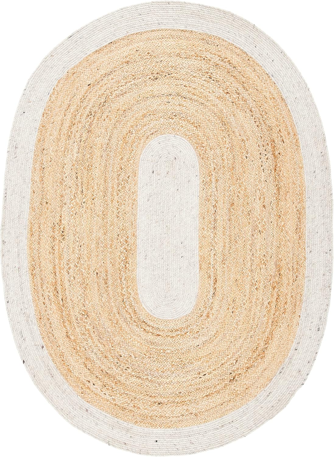 Handwoven oval jute rug in natural beige and white, eco-friendly and durable for indoor decor.