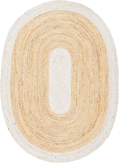 Handwoven oval jute rug in natural beige and white, eco-friendly and durable for indoor decor.
