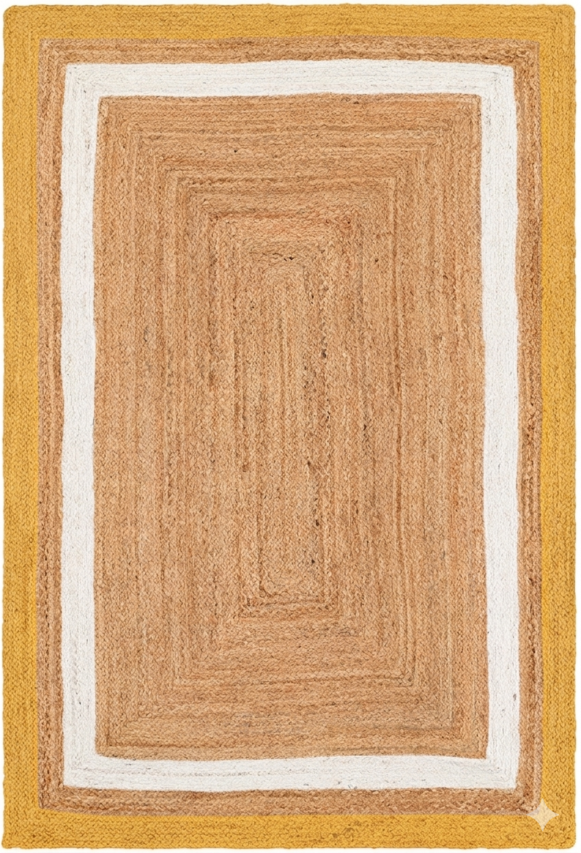 Natural Jute Area Rug floor carpet with mustard yellow border and beige center on cream background