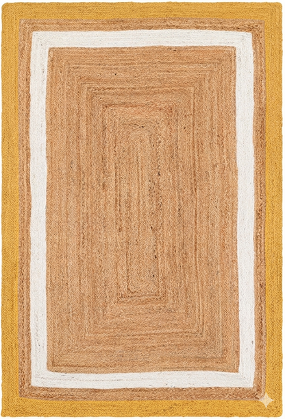Natural Jute Area Rug floor carpet with mustard yellow border and beige center on cream background